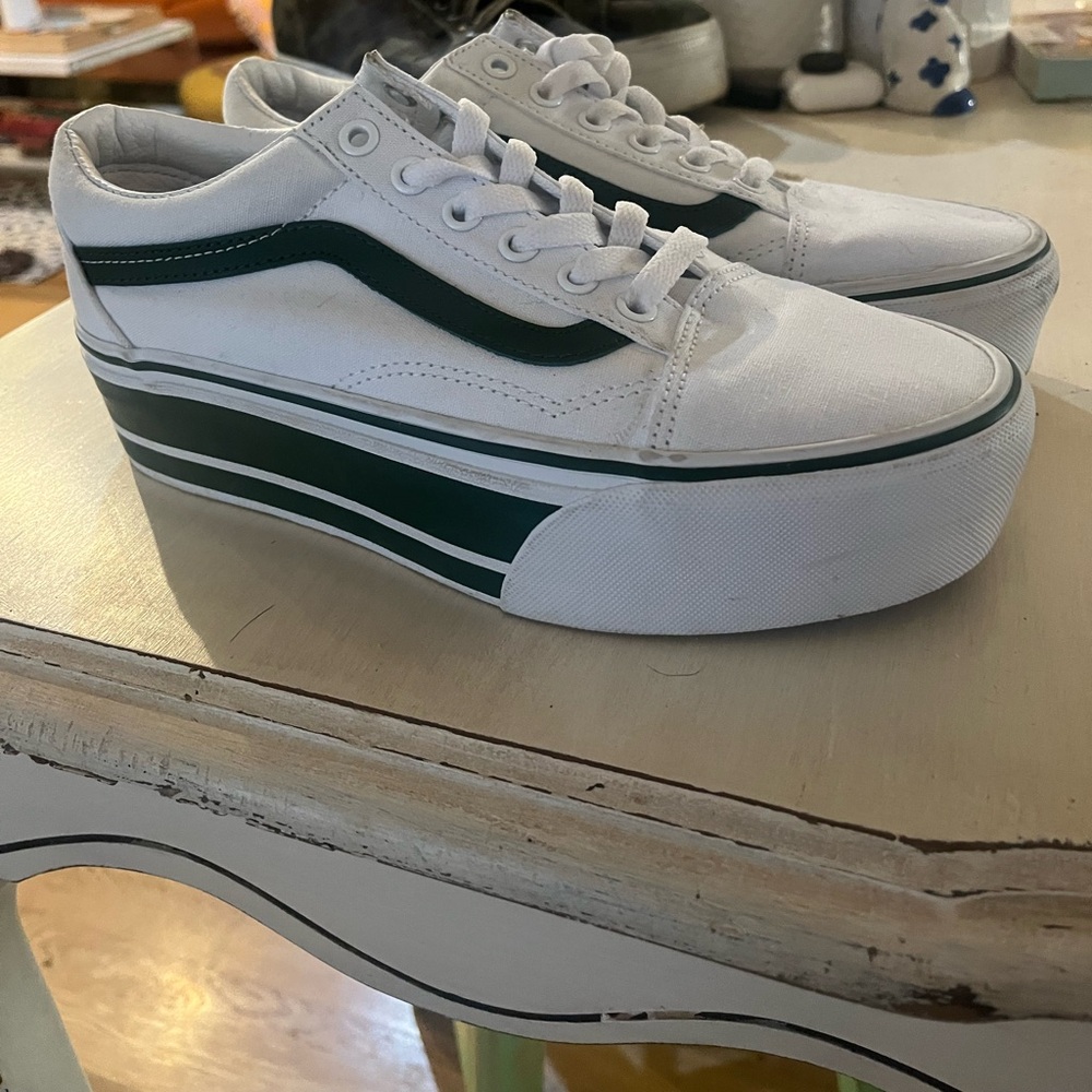 Vans Women's White and Dark Green Platform Sneakers